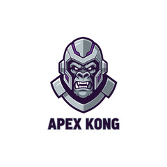 Cybernetic gorilla head in armor for esports mascot or futuristic gaming branding, featuring the powerful text APEX KONG at the bottom