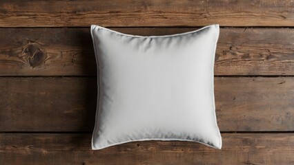 Blank white square pillow mockup on rustic wooden bench, top view cushion template for custom design, textile branding, home decor and product presentation
