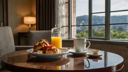 Breakfast table in hotel room with fresh morning meal, cozy hospitality interior, travel lifestyle concept showcasing comfort, luxury stay, and room service dining
