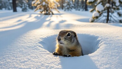 Obraz premium Adorable small arctic ground squirrel peeking cautiously from its snowy burrow entrance during a bright sunny winter morning surrounded by sparkling white powder and pine trees