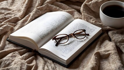 Mockup of white book with coffee cup and glasses on rumpled bed, cozy reading lifestyle scene for branding, publishing, stationery design and home interior concept