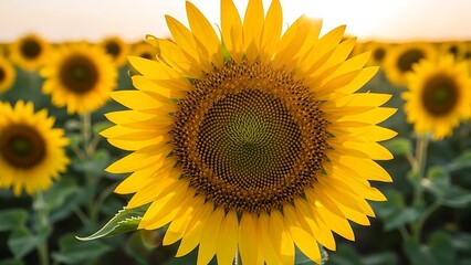Close-up of a vibrant sunflower in a field with others in the background under soft sunlight