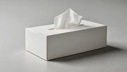 Minimal white tissue box mockup on clean white surface with soft paper tissues emerging from the top, hygienic minimalist product display for branding and packaging
