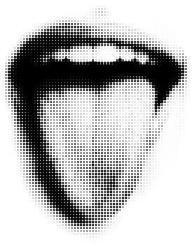 Black and white halftone illustration of mouth with tongue out in retro vintage comic book dotted texture newspaper print pop art style. Could represent the taste sense from the five senses. 