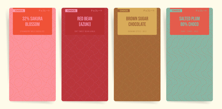 Asian style chocolate bar packaging design set with sakura blossom, red bean, brown sugar, and salted plum. Elegant abstract chocolate wrapper templates seamless
