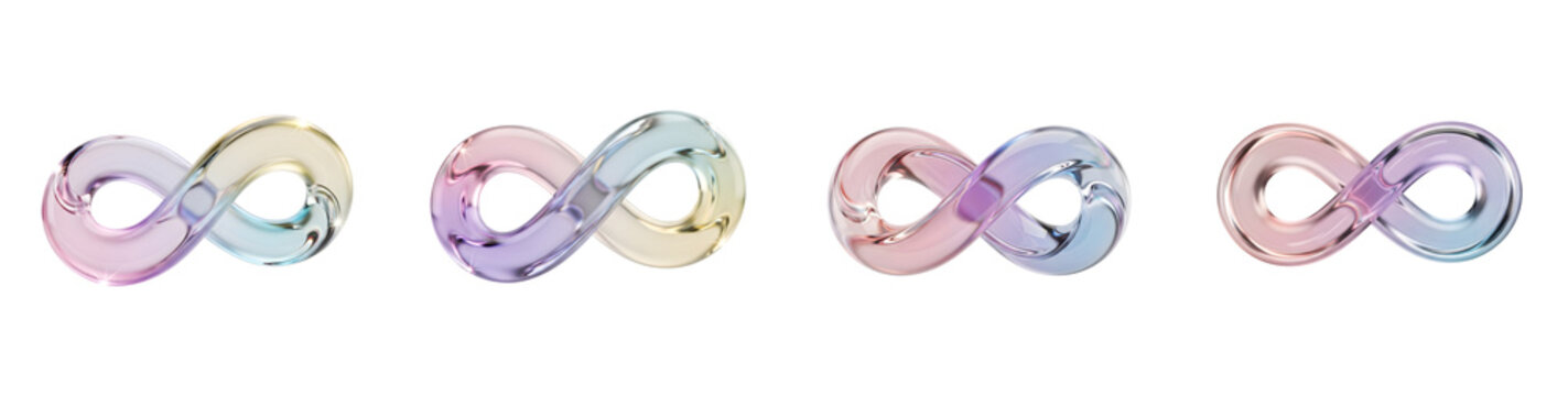 Set of iridescent 3D glass infinity symbols with a transparent background