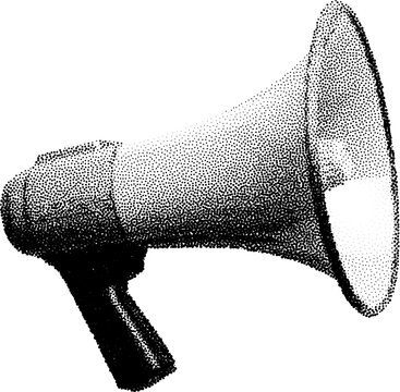 Black and white halftone illustration of megaphone in retro comic book newspaper pop art style. Dotted texture, vintage newspaper print. Symbol for communication, marketing, protest, and announcement.