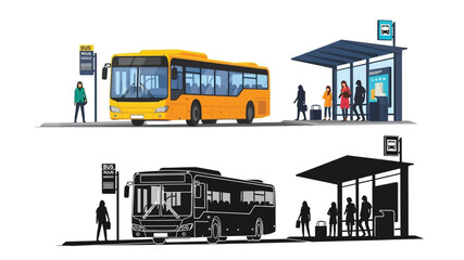 A yellow city bus stops at a bus station with waiting passengers © ShapeCraft