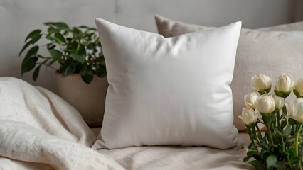 White pillow mockup with plant sprig on top, surrounded by fabric and flowers, minimal cozy home decor scene for branding, product presentation, and lifestyle styling