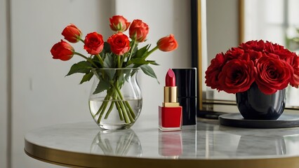 Vase of fresh flowers on table beside red lipstick, elegant beauty still life with floral decor and cosmetic product, feminine lifestyle composition