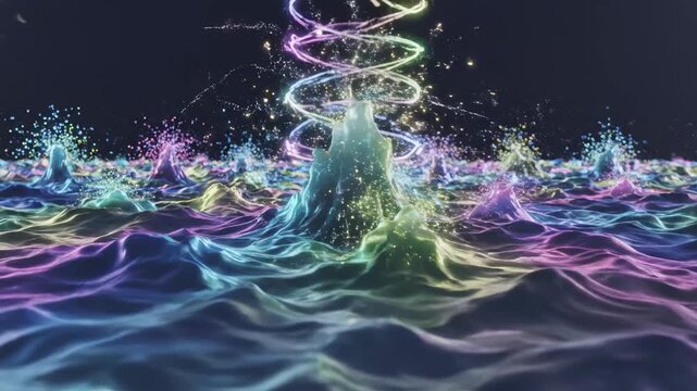 Rotating dynamic neon waves. Colored shiny sparks of spiral wave.