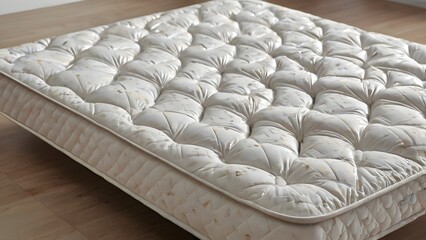 White spring mattress with flat surface in modern bedroom interior, clean sleep furniture concept showcasing comfort, support, and minimal home lifestyle design