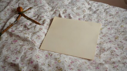 Blank sheet of paper on bed with soft bedding, minimal mockup for writing, journaling, branding or creative concept in cozy bedroom lifestyle setting
