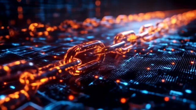 Digital blockchain network with glowing orange and blue lights.