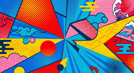 Vibrant Pop Art Graphic Design Dynamic Geometry and Stylized Japanese Cultural Motifs