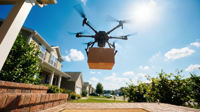 Autonomous drone delivering a package to a residential house. Futuristic hexacopter shipping a cardboard box to a front porch. Contactless e-commerce and logistics technology