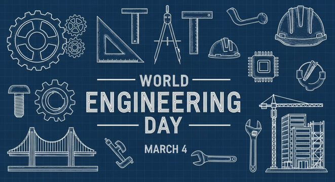 World engineering day graphic with tools and machinery on blue background celebrating march 4th with industrial icons and symbols