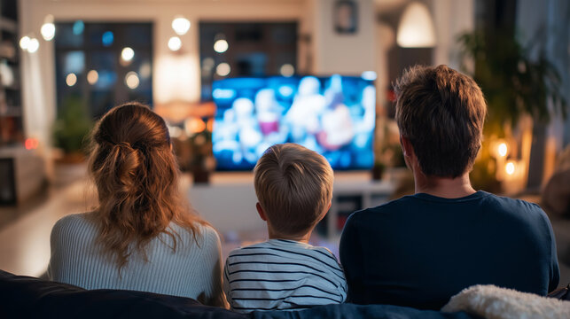 Family watching television, spending time together at home. Parents and child relaxing on sofa enjoying a movie