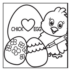 Obraz premium Cute Easter Bunny and Eggs Coloring Page for Kids - Black and White Vector Illustration 