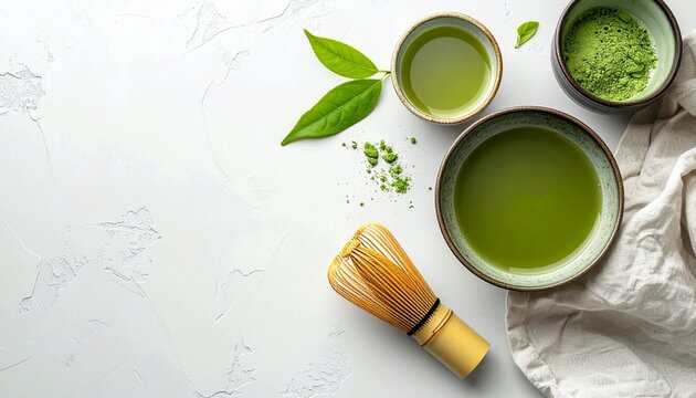 Traditional Japanese matcha green tea preparation flat lay.