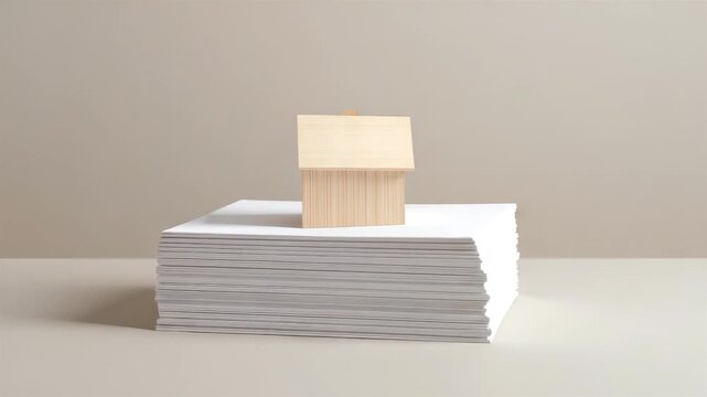Minimal wooden block structure placed on stacked white paper sheets under soft studio light creating a clean, modern and conceptual still scene
