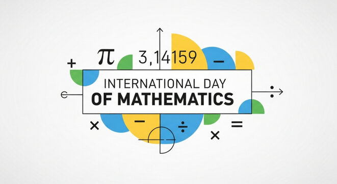 International day of mathematics celebration with colorful geometric shapes and mathematical symbols on white background