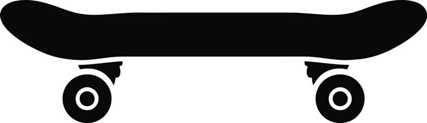 A minimalist black silhouette icon of a skateboard isolated on a white background