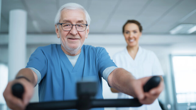 Elderly man smiling during physical therapy session, exercising on stationary bike with female physiotherapist supervision