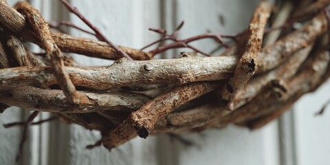 Fototapeta premium A close-up of a rustic wreath made from intertwined twigs, showcasing natural textures and earthy tones, perfect for seasonal decor.