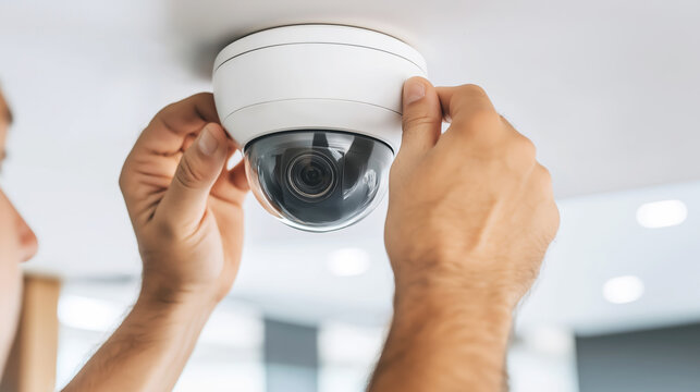 Hands installing modern dome security camera on ceiling, ensuring property security and surveillance monitoring