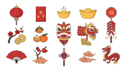 Chinese New Year Icons: Dragon, Lantern, Red Envelope, Coins, Oranges, Fan, Firecrackers