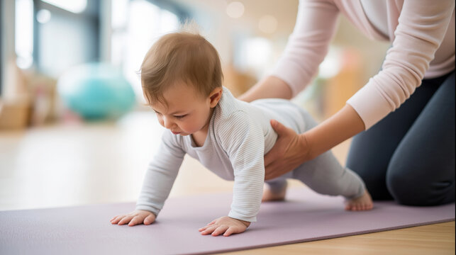 Baby learning to crawl on a yoga mat, parent supporting early motor skill development and milestones