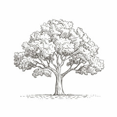 Fototapeta premium Oak tree with leaves isolated on white background. Vintage sketch