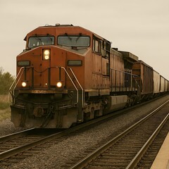 Obraz premium A freight train traveling on railway tracks through a rural landscape viewed from the front