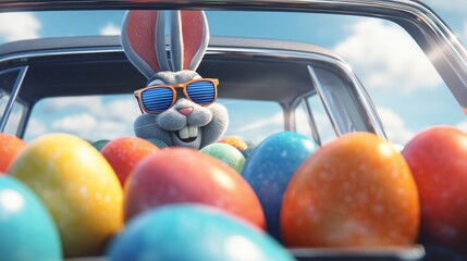 Easter Bunny Road Trip with Colorful Eggs
