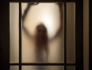 Girl behind frosted glass