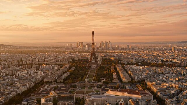 Paris Skyline With Eiffel Tower At Golden Hour Sunset View