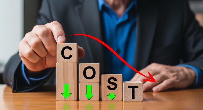 Business concept of cost reduction with stacked wooden blocks forming the word COST, descending arrow, representing expense control, financial optimization, strategic budgeting in corporate planning