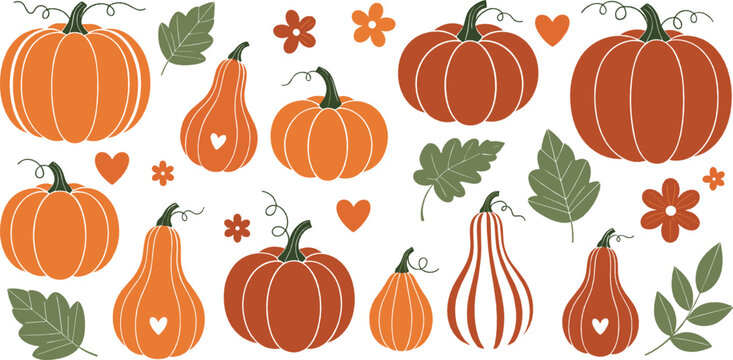 Autumn pumpkin and gourd collection vector with fall leaves, hearts, and floral elements, cozy harvest Thanksgiving illustration