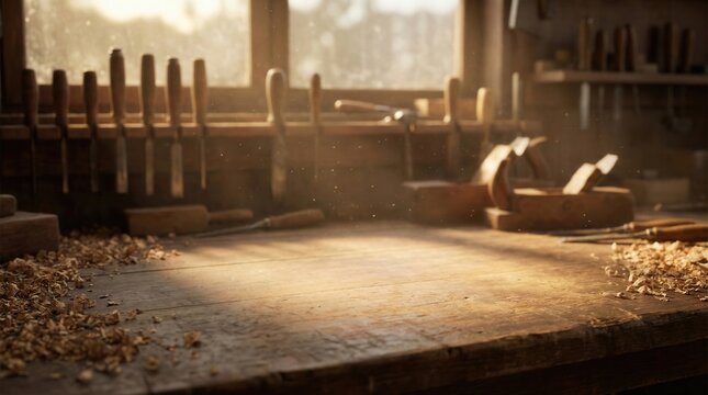 Vintage workbench with scattered hand tools and warm lamp light. Cozy workshop background for handmade, heritage, or artisanal brand storytelling.