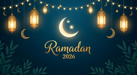 Ramadan 2026 banner with crescent moon, stars, and hanging lanterns