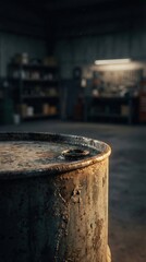 Naklejka premium Rusty Metal Barrel Top Podium on Dark Background