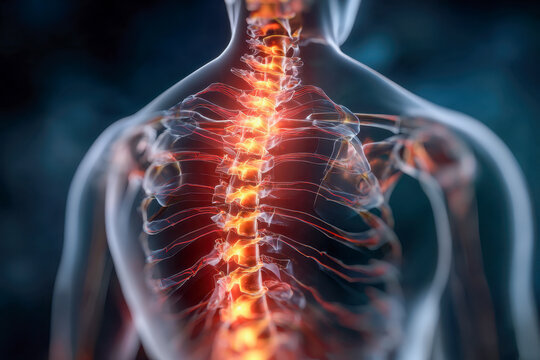 3d illustration of human upper skeletal system with focus on the glowing spine and surrounding ribs emphasizing spinal health and anatomy