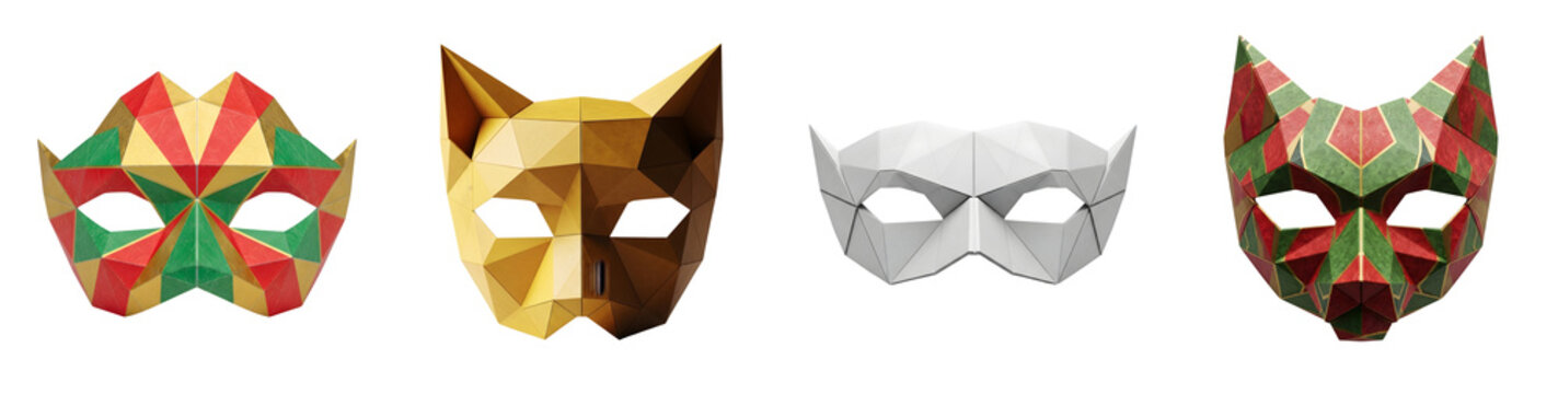 Set of four geometric lowpoly masquerade masks on a transparent background
