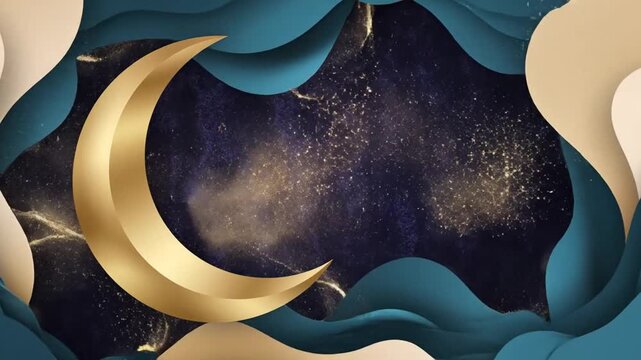 Golden crescent moon and stars in a night sky scene with wavy blue and white shapes