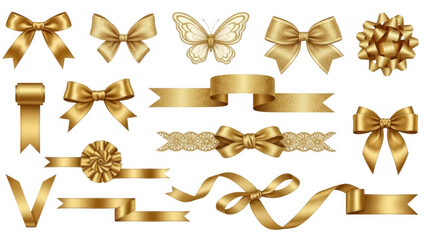 Collection of golden bows and ribbons isolated on white background