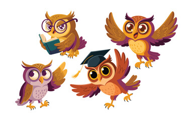 Set of Wise Cartoon Owls Character Illustration for Education and Graduation Theme
