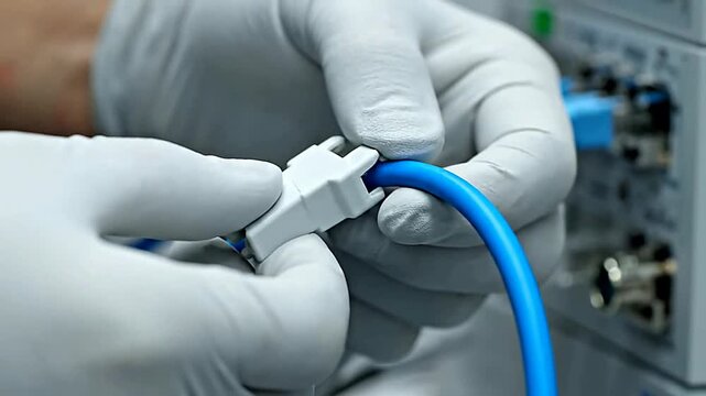 Close up of connector attaching cable in workspace or Close up of gloved hands installing cable in facility