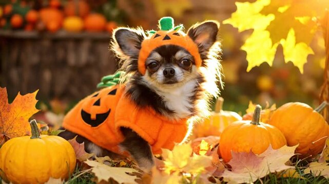 Cute chihuahua dressed in a pumpkin costume surrounded by pumpkins and fall leaves in the warm autumn sunlight