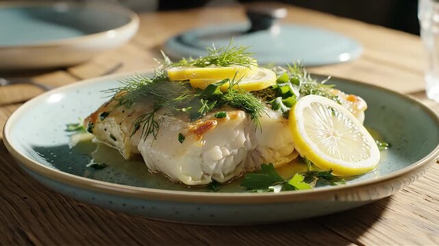 Pan-Seared Halibut with Lemon and Dill - A Delicious and Healthy Gourmet Meal Perfect for Food Blogs Restaurant Menus and Culinary Stock Photography